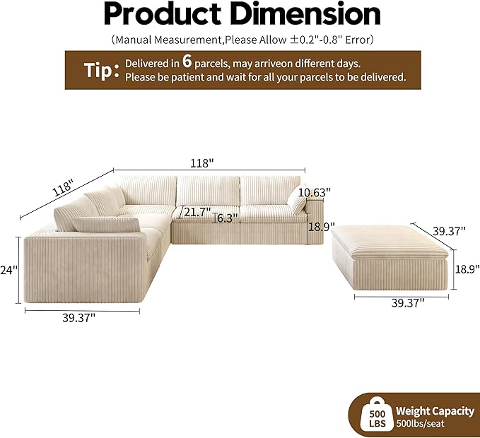 118" 6-Seater Cloud Sofa,Modular Sectional Couch with Ottoman,Modern Deep Seat Upholstered Couches with Plush Corduroy Fabric for Living Room Furniture,Bedroom and Apartment,No Assembly Required,White