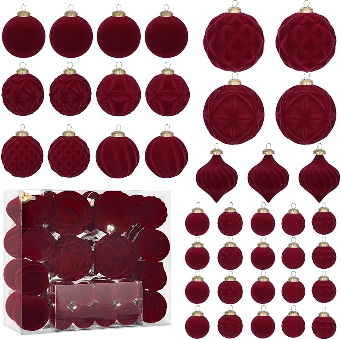 46PCS Velvet Christmas Ball Ornaments Set, Flocked Shatterproof Xmas Tree Decor, Assorted Hanging Ornaments with Loop for Holiday Home Decor, Christmas Tree, Mantel, Party Decoration (Red)