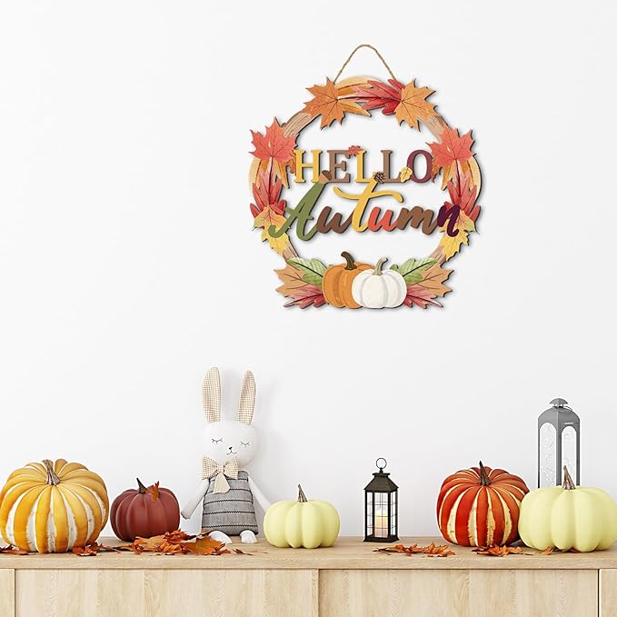 COLOR VALLEY ART Hello Autumn Wreath Sign, Fall Maple Leaf Wall Decor with Pumpkins, Rustic Wooden Thanksgiving Decoration, 11.4L''x11.4W'' (Maple Leaf Wreaths)