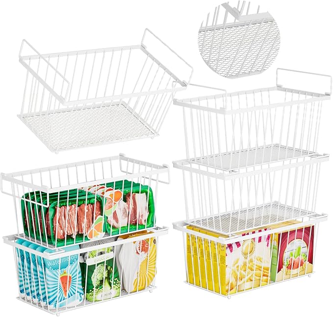 6 Pack Stackable Deep Freezer Organizer Bins ，Upgraded Bottom Leak-Proof net，Encryption and Hardening ， Freezer Organizer Bins for 5 to 9 Cu.FT Small Chest Freezer， Easy Get Bottom Foods