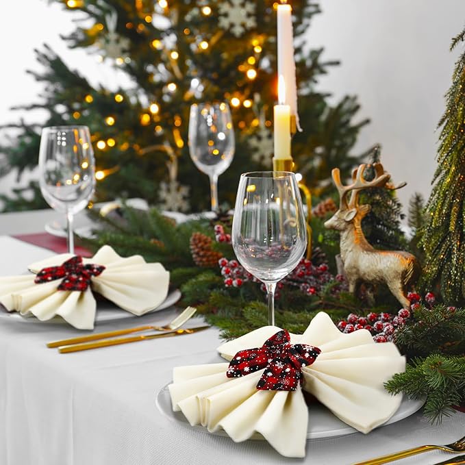 LemonRoad 12 Pcs Christmas Buffalo Plaid Snowflakes Napkin Rings Bulk Xmas Napkin Holder Rings Buckle for Holiday Birthday Party Anniversary Dinner Wedding Dining Table Decoration(Red Black Plaid)