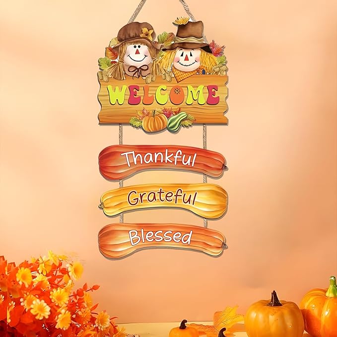 BWFY Fall Decorations for Home Thanksgiving Signs Autumn Home Decor Wooden Farmhouse Thanksgiving Decoration Indoor Harvest Sign Door Hanger for Outdoor Farmhouse Porch Front Door