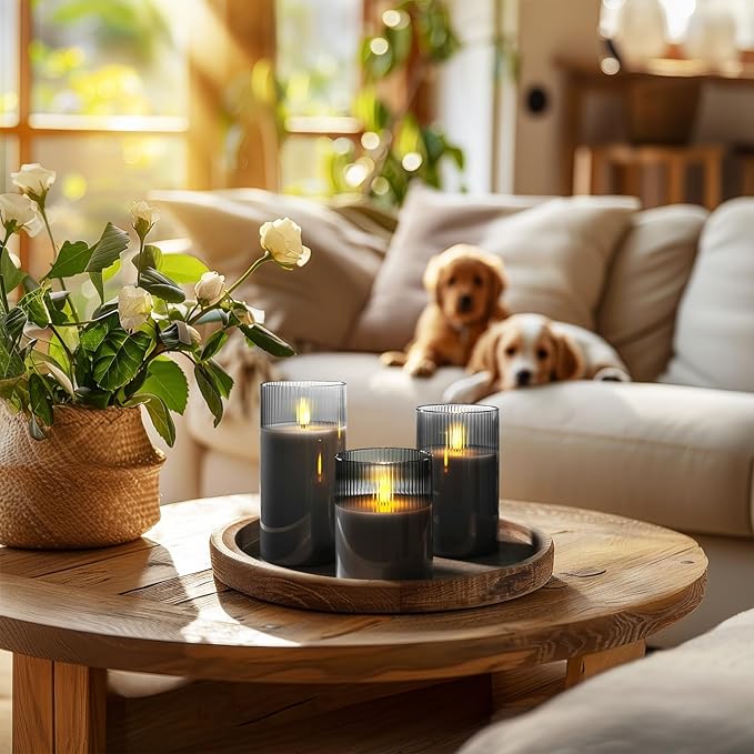 Amagic Grey Flameless Candles with Remote, Battery Operated Candles with Timer, Ribbed Glass LED Pillar Candles with Flickering Flame for Spooky Halloween Party Decor, Real Wax, Set of 3