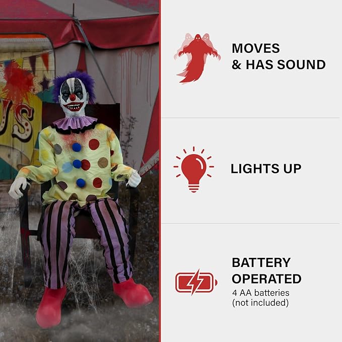 Haunted Hill Farm Motion-Activated Thrashing Clown with a Meat Cleaver by Tekky, Sitting Halloween Animatronic for Indoor or Covered Outdoor Creepy Halloween Decorations, Plug-in or Battery Operated