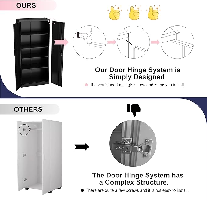 71" Garage Storage Cabinets with Lock, Cabinets with Doors and Shelves, Kitchen Pantry Cabinet, Metal Cabinet for Office, Garage, Shop, School, Assemble Required, Black