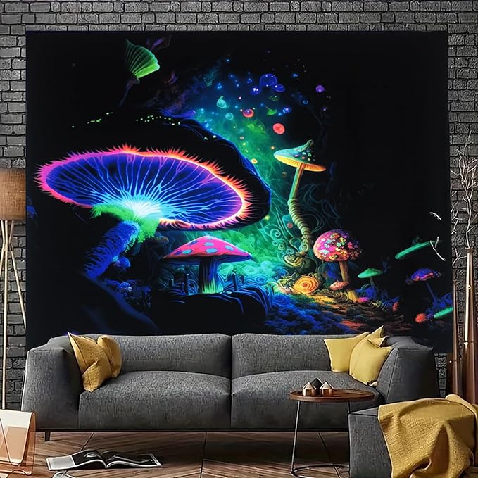 Blacklight Mushroom Tapestry Glow In The Dark Fantasy Forest Tapestry UV Reactive Magic Tapestries Wall Hanging Decor for Bedroom Dorm Living Room (35" x 47")