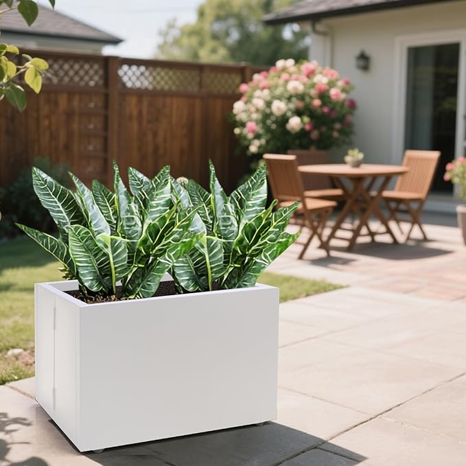 Metal Planter Box Rectangular Block-No Installation Required Galvanized Steel Long Box Planter Modern Outdoor Planters All-Weather Use with Drainage Holes for Patio/Porch,16 ×12×12IN（White）