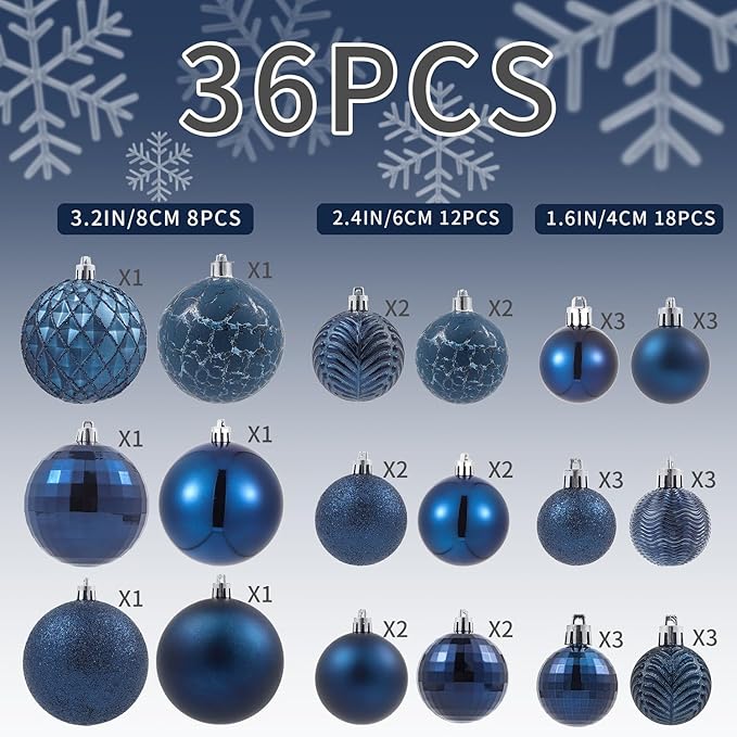 LANGXUN 36pcs Midnight Blue Christmas Tree Decorations Balls, Bolas De Navidad, 2025 Christmas Decor, Indoor Outdoor Shatterproof Christmas Ornaments, Xmars Party Wedding Suppiles