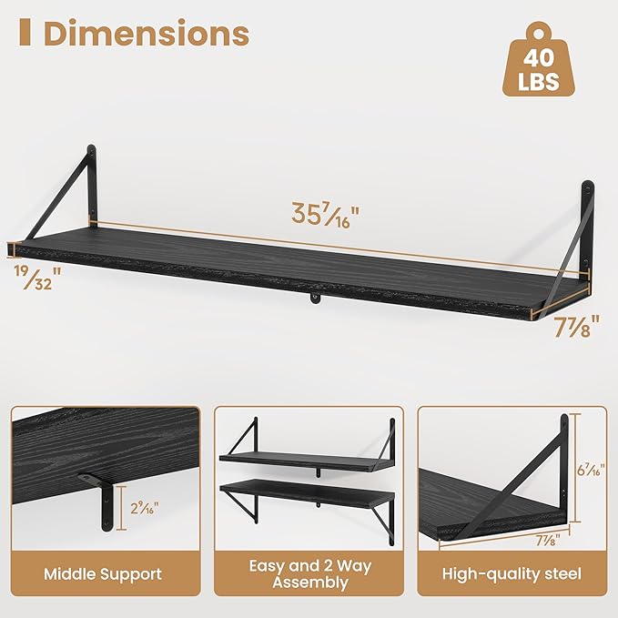 Heimlove 36 Inch Black Floating Bookshelves Set of 3,Heavy Duty Wall Mounted Bookshelves,Bookshelf for Living Room,Bedroom,Kitchen,Laundry Room Storage & Decor