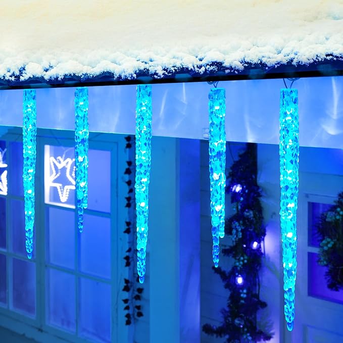 Minetom Icicle Lights Outdoor With Clips, 20ft 100 LED 20 Tubes Twinkling Crystal String Lights, Connectable Waterproof Hanging Christmas Lights Plug in for Eave Outdoor, Blue