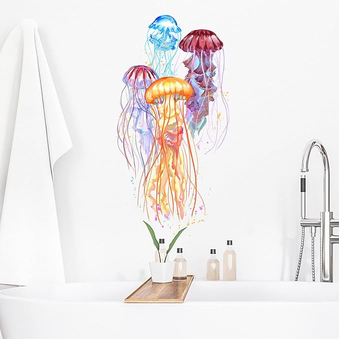 Colorful Beautiful Jellyfishes Wall Decal Nursery Sea Animal Marine Organism Wall Sticker Removable Peel and Stick Waterproof Wall Art Decor Stickers for Kids Baby Classroom Living Room