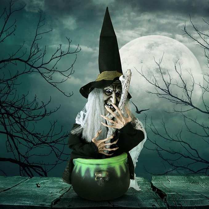 Haunted Hill Farm Scary Talking Witch with Cauldron Halloween Animatronic, Indoor or Covered Outdoor Halloween Decorations with Light up Eyes and Sound, Battery Operated Halloween Props for Home