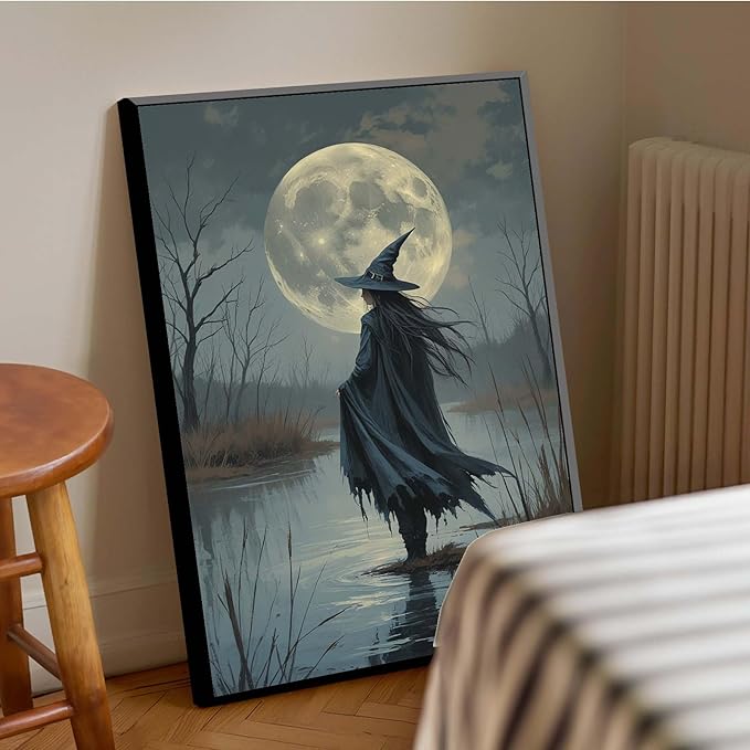 JFHCQJPK Witch in the moonlight magic canvas wall art enchanting Halloween home decor swamp witch silhouette oil painting mysterious gothic aesthetic wall decor print poster20x30in Metal blackFramed
