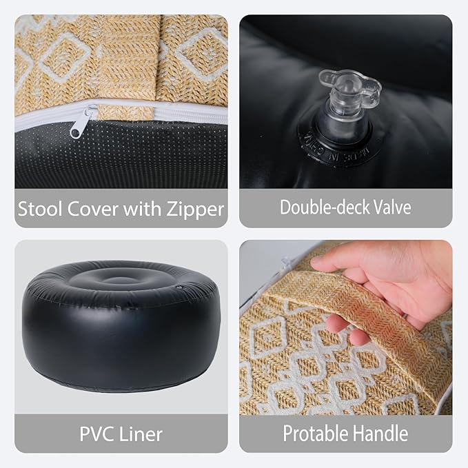 Outdoor Inflatable Ottoman with Air Pump, Embroidery Patio Footrest Stool D21”x H9”, Round Pouf Ottoman with Portable Handle Suitable for Garden, Camping, Bedroom, Living Room