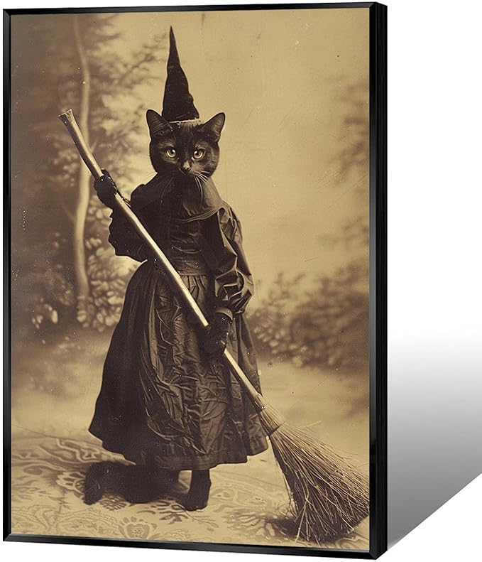 Halloween Decor Posters Black Cat Witch Canvas Wall Art Vintage Spooky Print Of Gothic Room Family Dark Academia Decorations Creepy Picture Poster Aesthetic 24X36inch Aluminum Framed