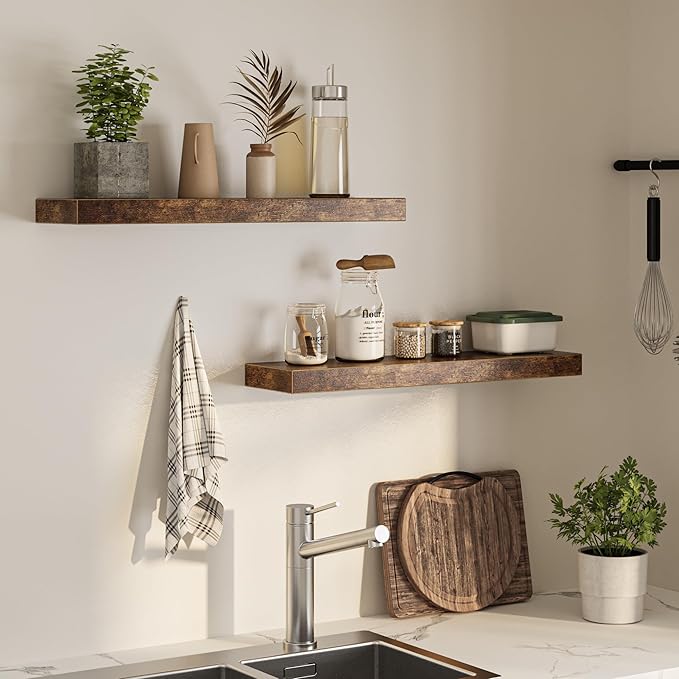 Floating Shelves for Wall, 31.5"W x 6.7"D x 1.5"H, Wooden Wall Mounted Display Shelf with Invisible Brackets for Living Room, Bedroom, Bathroom, Kitchen Decor & Storage, Set of 2, Rustic Brown