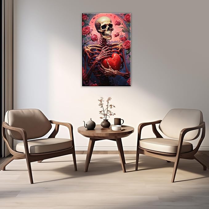 OAAPITI Skull Skeleton Canvas Wall Art Skull Holding Heart Picture Print Romantic Theme Painting Artwork Gothic Poster Wall Decor Living Room Halloween Decor(Artwork-1,12"x18")