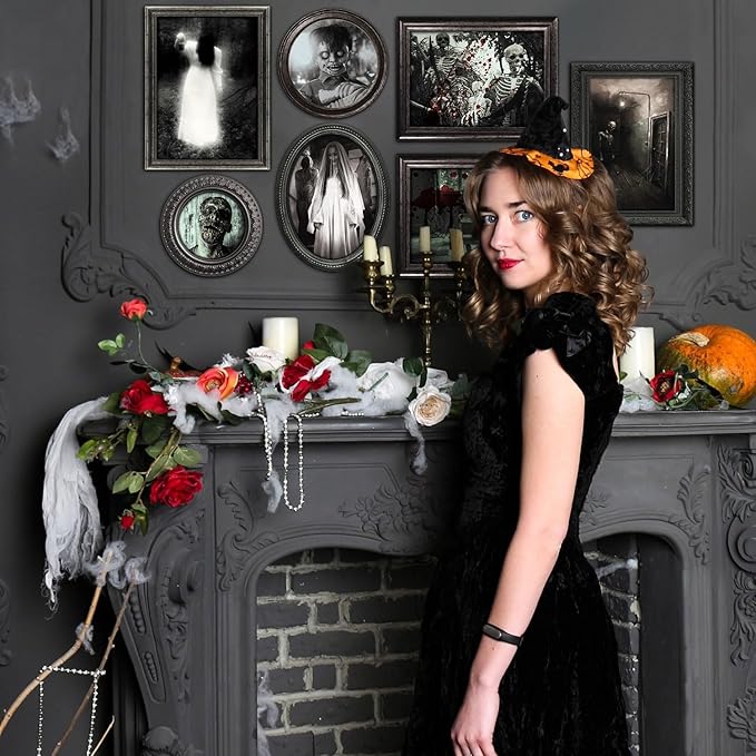 15 Halloween Gothic Creepy Skull Photos Haunted Horror Picture Frame, Waterproof Durable, with 80pcs Self Adhesive Dots，Creepy Photo Decoration For Haunted Family Castle Masquerade Party Black