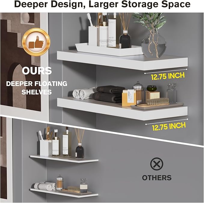 Large Floating Shelves for Wall Set of 2 Wooden Wall Shelves 36 in x 12.75 in x 2 in Room Decor Long Shelf with Invisible Wall Mount Bracket for Bedroom Kitchen Living Room White
