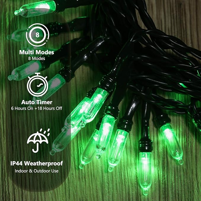 BrizLabs Green String Lights, 17.94ft 50 LED Christmas Lights, 8 Modes Battery Green Xmas Lights Indoor/Outdoor, Mini Decorative Holiday Light String Green Wire for Christmas Party Home Decor