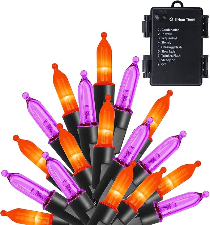 WATERGLIDE 50 LED Outdoor Halloween Lights, 16 FT Mini String Light with 8 Modes, Waterproof Battery Operated Tree Lights for Indoor Outdoor Patio Garden Party Wedding Decoration, Orange & Purple