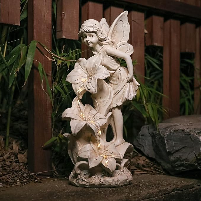 Angel Garden Statue Outdoor, Solar Powered Resin Garden Sculptures Fairy Angel Statues Waterproof LED Lights Yard Art Decorations for Outside Patio Lawn Ornament Gardening Gifts