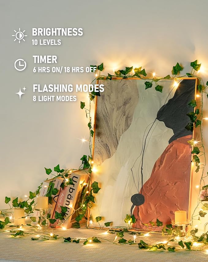 JMEXSUSS 100 LED Vines with Lights Plug in, Ivy Vines with Fairy Lights with Remote, 33 FT Leaf String Lights Waterproof for Room Bedroom Wall Fireplace Decoration（Warm White）