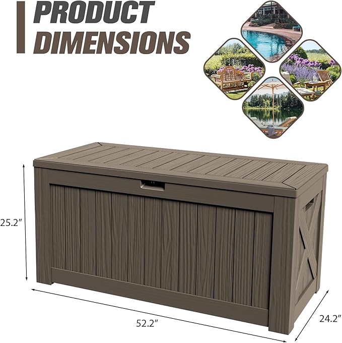 JUMMICO 120 Gallon Resin Deck Box, Large Outdoor Storage Box Waterproof & Lockable for Garden, Patio, Pools (Brown)