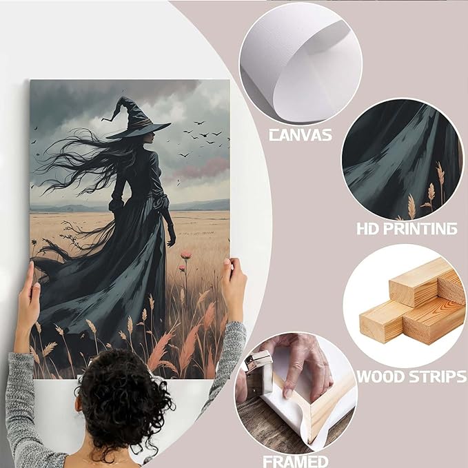 Gothic Decor Canvas Wall Art Witch in Rice Field Halloween Art Decor Print Nature Print Victorian Home Bedroom24x36in Wood Framed