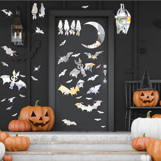 Easma Halloween Bats Wall Stickers 3D Scary Bats Decor for Door Decals Haunted House Party Decorations Silver Removable Halloween Wall Decal Peel and Stick for Kids Baby Bedroom Bathroom Playroom