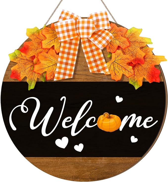 Hello Fall Door Sign Thanksgiving Wooden Welcome Sign Fall Welcome Wreaths with Bow Maple Pumpkin Door Hanger Farmhouse Wall Decoration for Home Autumn Harvest Front Porch Decor