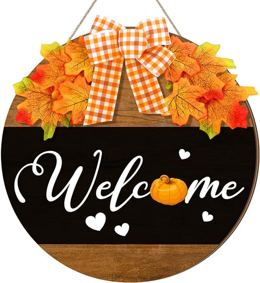 Hello Fall Door Sign Thanksgiving Wooden Welcome Sign Fall Welcome Wreaths with Bow Maple Pumpkin Door Hanger Farmhouse Wall Decoration for Home Autumn Harvest Front Porch Decor