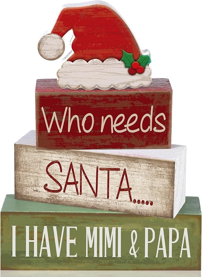 4 Pcs Christmas Table Decorations Wooden Red Santa Hat Christmas Tiered Tray Decor Rustic Wood Santa Hat Block Sign Xmas Centerpiece Mimi and Papa's Gift Decor for Home Shelf Kitchen