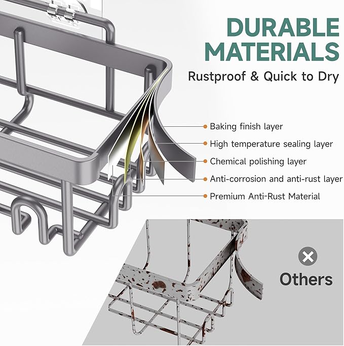 Veken 6-Pack Rustproof & Waterproof Shower Caddy, Adhesive Shelves Rack, Large Capacity Bathroom, College Dorm & Apartment Organizers, No-Drill Wall Mount Living Room & Bedroom Decor, Light Grey
