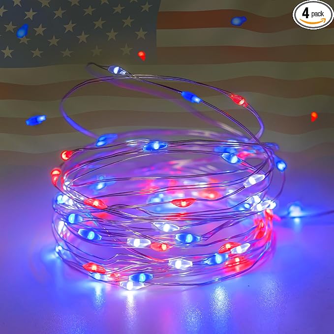 4th of July Decorations, 4-Pack Red White and Blue Fairy Lights Battery Operated with Timer, Waterproof 16FT 50 LED Starry String Lights Indoor Outdoor for Independence Day Memorial Day DIY Home Decor