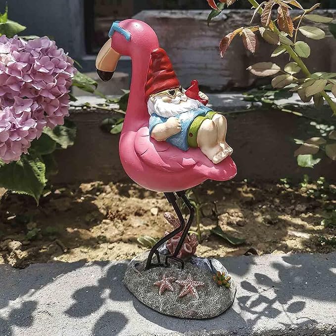 Gnome Garden Statue Funny Gnome Reclining on Flamingo Dwarf Figurines Resin Garden Gnomes Fall Decorations Outdoor for Patio Yard Lawn Porch Housewarming Ornament Gift