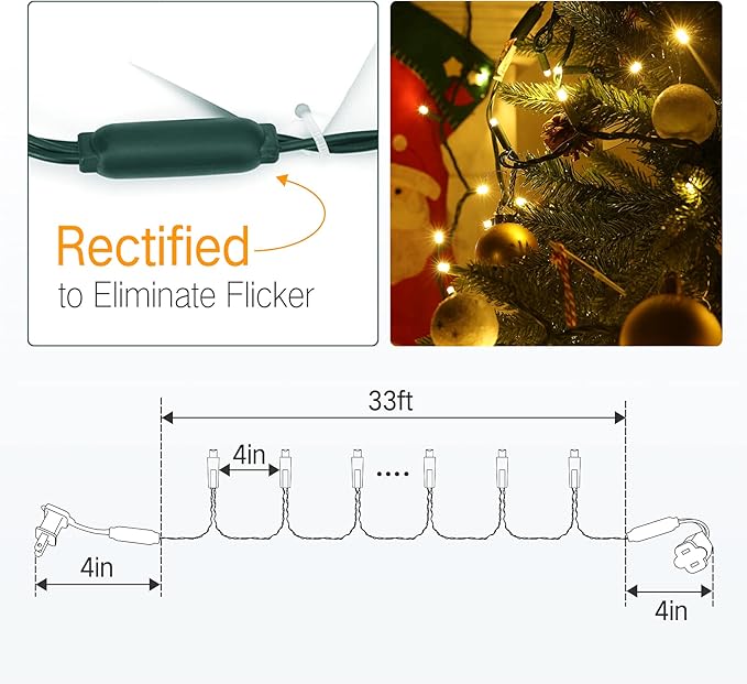 Brizled 33ft 100 LED Christmas Tree Lights - Steady On Only, 5mm Wide Angle, Connectable 120V UL Certified Warm White Lights for Xmas Tree, Party, Indoor/Outdoor