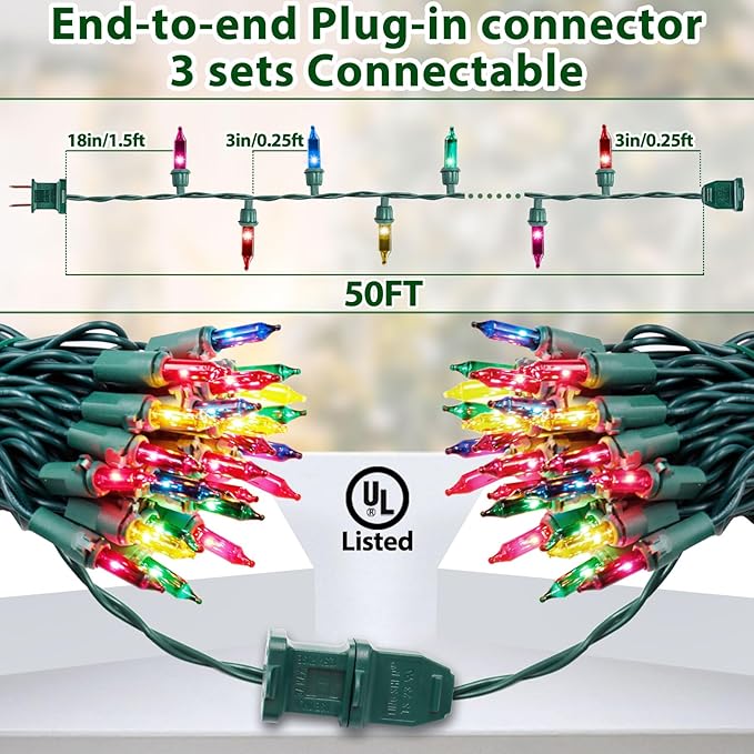 Multicolor Christmas Lights String 50FT 200 Count Incandescent Bulbs Mini Lights with Green Wire for Christmas Tree, Garland, Wedding, Party, Home, Indoor & Outdoor Festival Decoration
