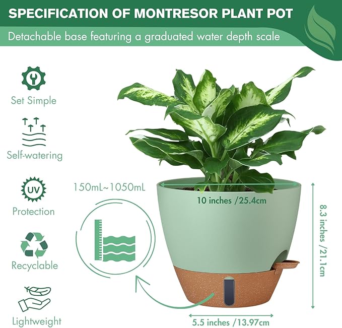 montresor 2 Pack 10 inch Plant Pots, PP Plastic Self Watering Planter with Drainage and Tray for Indoor Outdoor Plants, Water Level Window & Reservoir Flower Pots Decorative Planter (Green)