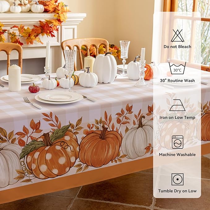Romanstile Fall Tablecloth Rectangle, Thanksgiving Autumn Harvest Pumpkin Buffalo Plaid Table Cloth, Stain Resistant Washable Table Cover for Party/Dining/Holiday- Orange Checkered, 60x 102 Inch