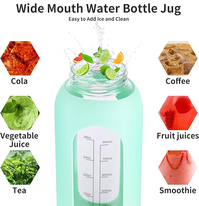 64 oz Glass Water Bottle With Straw and Handle, Half Gallon Sports Motivational Water Jug Flask with Silicone Sleeve, Large Water Cup with Time Marker for Travel, Gym, Purple