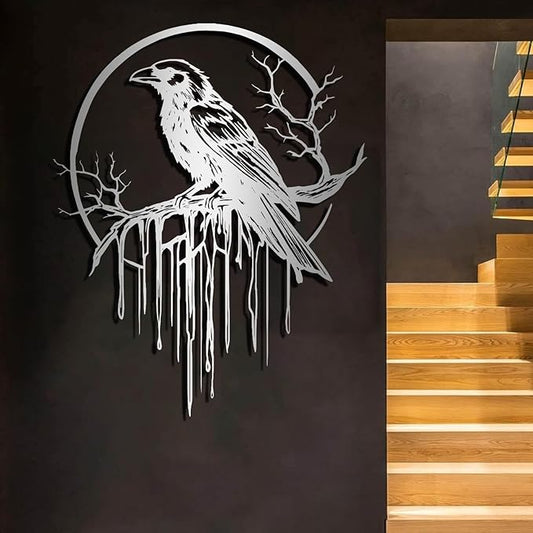Crow Metal Wall Decor, Raven Wall Art, Large Gothic Raven Decor Hangings, Bird Wall Decor, Metal Tree Branch Decor, Ravens Sign, Raven Art for Living Room (Silver, 39"x31" | 100x80cm, metal wall art)