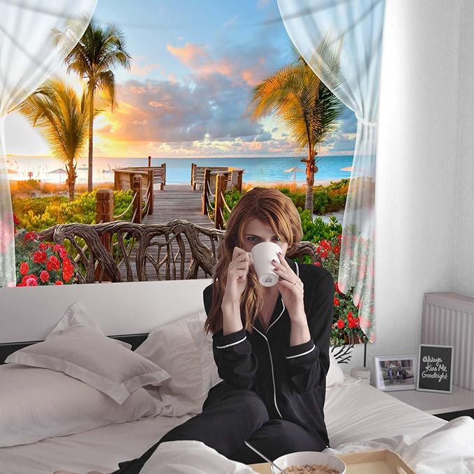 dueeia Beach Window Tapestry Wall Hanging Beachy Coastal Ocean Nature Tropical Landscape Scenic Tapestries for Bedroom Living Room Wall Decor (90.6"x70.9")