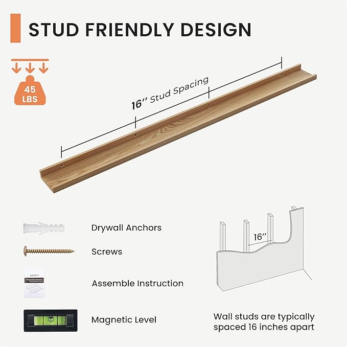 Solid Ash Wood Picture Ledge Shelf, Floating Shelves Set of 2, 56 Inch Long Large Ledge Shelves, Nursery Book Shelves Wall Mounted for Living Room Bedroom Kitchen Decor Kids Bookshelf, Natural