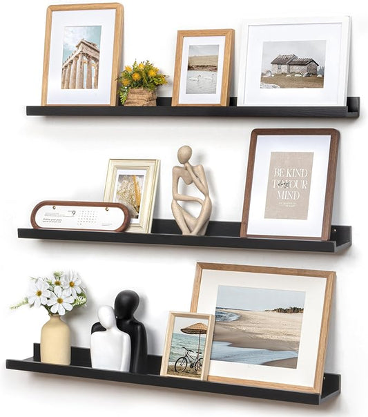 Picture Ledge Wall Shelves - 36 Inch Width Set of 3, Solid Pine Wood Rustic Floating Ledge Shelves for Kids' Room, Bedroom, Kitchen, Bathroom, Living Room, Nursery Display Wall Decor, Black