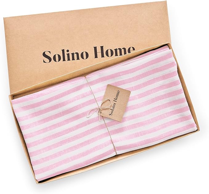 Solino Home Linen Striped Tablecloth 60 x 132 Inch - 100% Pure Linen Cherry Blossom and White Table Cloth for Rectangle Tables - Amalfi Stripe, Machine Washable Tablecloth