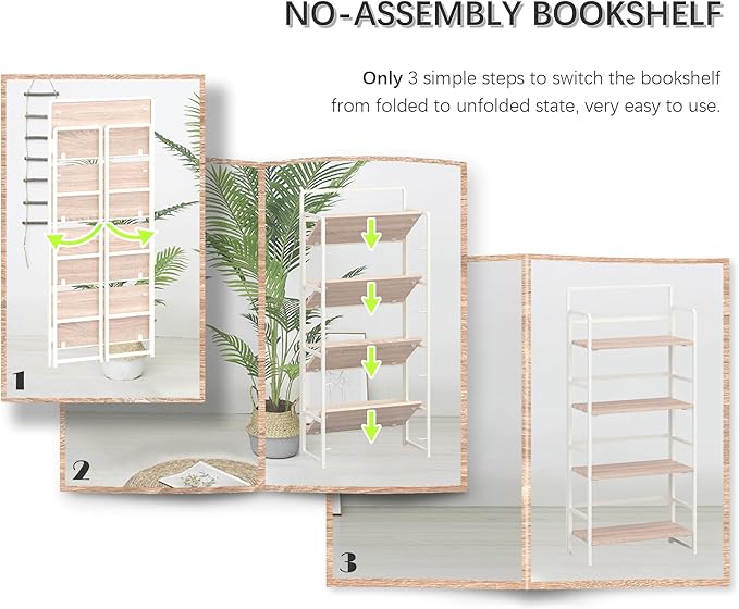 4NM No Assembly Foldable Bookshelf, 4-Shelf Collapsible Bookcase Storage for Small Spaces, 54" H, Natural White