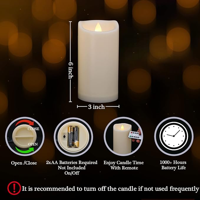 Flickering Flameless Candles with Remote and Timers, Waterproof Outdoor Indoor Battery Operated LED Pillar Candles for Home Wedding Decor, Ivory Plastic, D3 X H6, 1 Pack