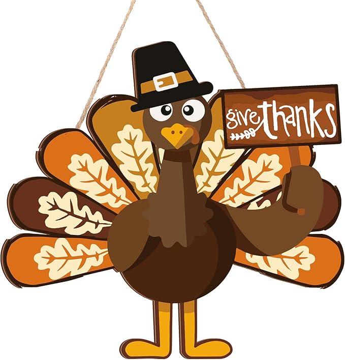Jetec Happy Thanksgiving Turkey Door Sign Decor Wooden Turkey Sign Wall Art Hanging Rustic Plaque for Autumn Thanksgiving Day Front Door Home Decoration (Classic)