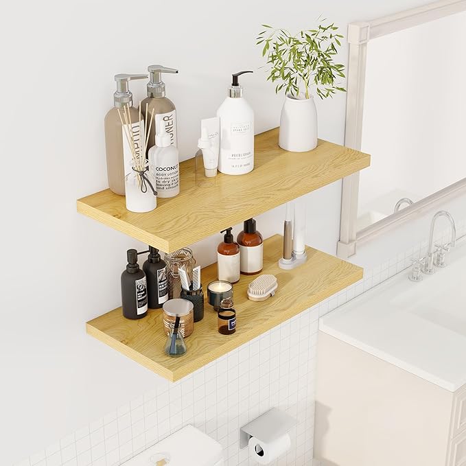 30" Floating Shelves for Wall, 12" Deep Slim Oak Floating Shelves, Wall-Mounted Shelves for Bedroom, Living Room, Kitchen, Bathroom - Set of 2